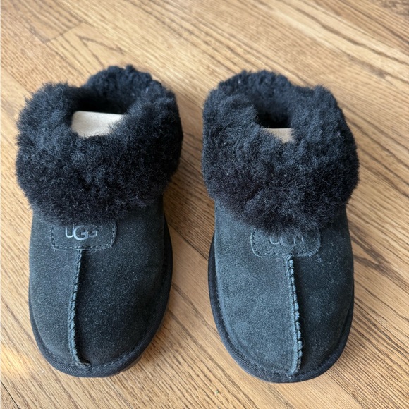 UGG Black Suede Shearling Slippers - Picture 2 of 7